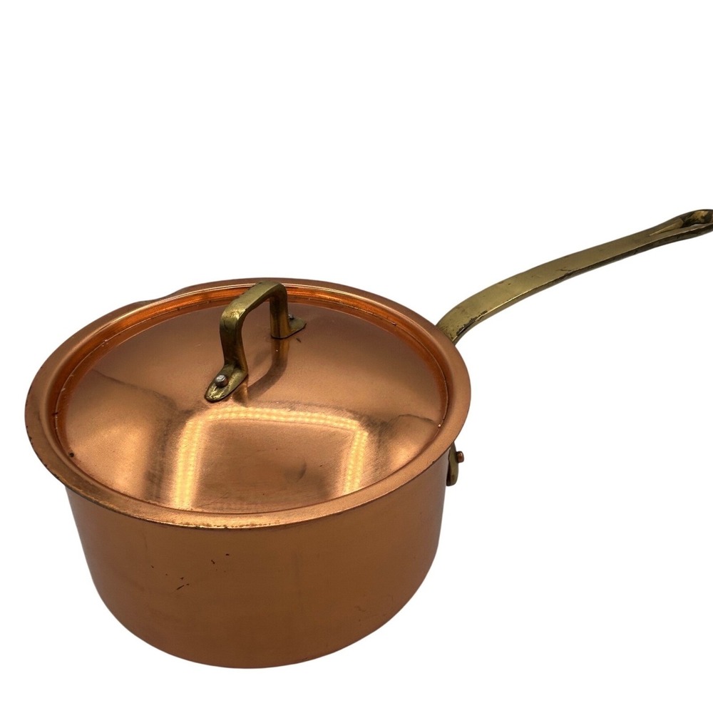 Copral Portugal Copper Saucepan 7.5" Tin Lined Brass Handle Lid Vintage Cookware